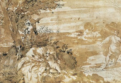 Landschaft mit Wölfin, die Romulus und Remus säugt von Annibale Carracci